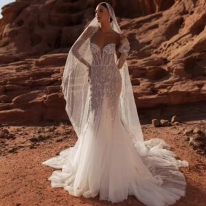 Luxury Beaded Mermaid Long Wedding Dress With Detachable Train Sexy Illusion Sleeveless Bridal Gown Customized Dresses For Bride
