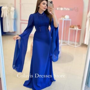 2025 Dark Blue Customized Chiffon Prom Dresses Evening Dress Bell Sleeves Beads Arabic Women Evening Gowns Formal Party Dress