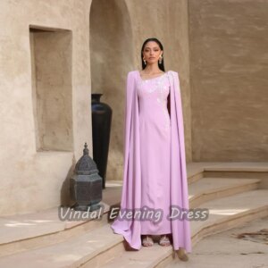 Vindal Evening dresses Crepe Ankle Length Square Neckline luxurious Straight Beaded Elegant Short Sleevesالسعود For Woman 2025