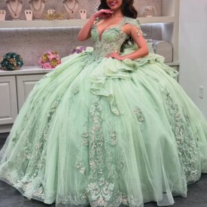 Customized Shint blackish green Off Shoulder Quinceanera Dress sequin applique crystal Big flower Bow vestidos de 15 Quinceanera