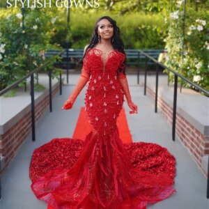 Luxury Crystals Beaded Red Prom Dresses African Arabic Long Evening Gowns 2025 Couture Party Prom Dress For Wedding Customized