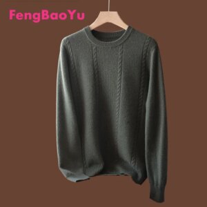 Fengbaoyu High-end Pure Cashmere Sweater men’s Crewneck Pullover Top Loose Thick Twist Knitted Gray Sweater Warm Men’s Clothing