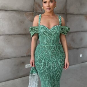 Flat Straps Green Party Dress Short Sleeve Long Sheath Gown Beaded Simple Elegant Wedding Event Gowns Customized فساتين سهرة