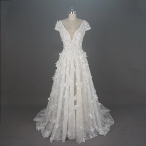 Short Cap Sleeve Floral Blossom Wedding Dress with 3D Flowers V Neckline Lace Pearl Beaded Luxury Bridal Gown