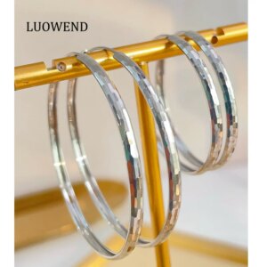 LUOWEND 100% 18K White Gold Earrings Two Size French Romantic Style Shiny Hoop Earrings for Women High Party Jewelry