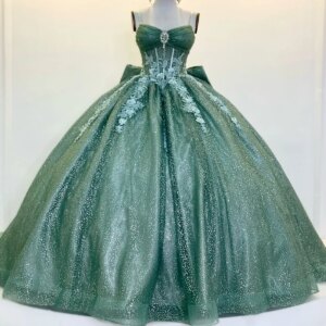 Blackish Green Shiny Quinceanera Dresses Ball Gown Off The Shoulder Sequin Applique Lace Beads Bow Tull Party Birthday Sweet 16