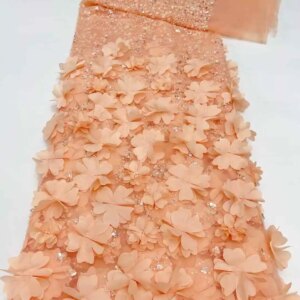 African Lace Fabric 2025 High Quality French 3D Flower Sequins Embroidery Beads Tulle Lace Fabric For Party Dress HFA63HN-148