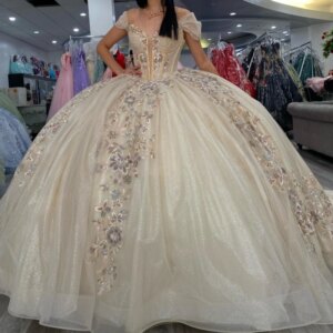 Champagne Quinceanera Dresses Off Shoulder Ball Gown Sweet 16 Dress Applique Lace Beads Tull Birthday Party Vestidos 15 Anos