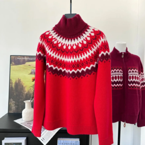 Jacquard Women’s Red Cashmere Sweater Early Spring Turtleneck Long Sleeve Vintage Ladies Knitted Pullover