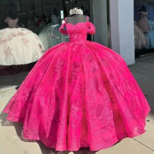 Rose Red Glitter Ball Gown Quinceanera Dresses Off The Shoulder Applique Crystal Beading Tull Corset Vestidos De 15 Años