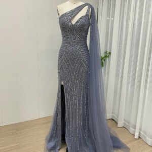 MYMB Sparkly Beaded Mermaid High Split Blue Arabic Evening Gowns Dubai Luxury One Shoulder Wedding Party Dress with Cape Sleeve