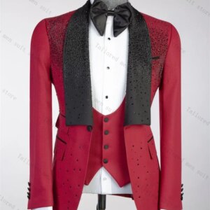 Crystals Men Suit Set 2 Pieces Red Blazer+Pant Formal Work Office Male Jacket Prom Cotton Coat Trousers Groom Wedding Tuxedos