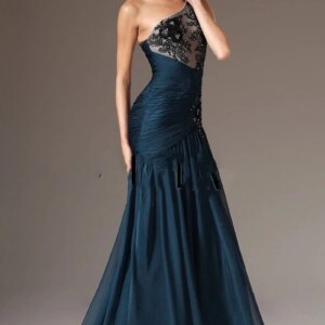 Long Formal Evening Party Gowns One Shoulder Chiffon Mermaid Evening Dresses with Black Lace AppliqueCL-758