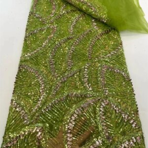 Green 5 Yard Luxury High-End Beaded Fabric Heavy Sequin Embroidery Fabric Fashion French Tulle Mesh Lace Fabric for Dress Q416-1