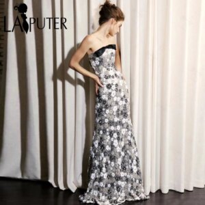 Black Rose Mermaid Evening Dresses Full Mermaid Sequin Party Dress Strapless neck Sequined Lace Decent Lady Celebrity Gown