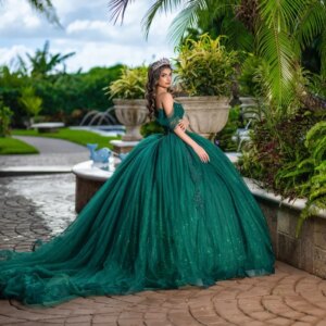 Customized Shiny blackish green Off Shoulder Quinceanera Dress Lace sequin applique Tull vestidos de 15 Quinceanera