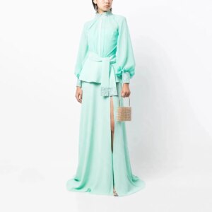 Customized New Mint Blue Mother Dresses Long Sleeves Mother of the Bride Gowns High Neck Sequined Wedding Party Dress Side Slit