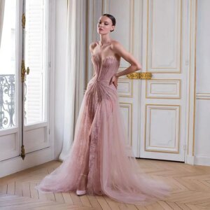 Pink Mermaid Prom Gown Sexy Long Elegant Sleeveless Luxury Lace Party Dress Formal Tulle Evening Dress 2025 Customized