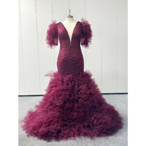 Fashion Ruched Pleat Evening Dresses Burgundy V-Neck Sequined Mermaid Prom Gowns Chic Formal Sweep Train Women Party Dresses