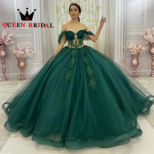 Luxury Crystal Quinceanera Dresses Green Glittering Off Shoulder Backless Prom Ball Gowns Vestidos De Quinceañera Custom L48W