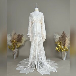 Don&Judy Maternity Clothes Beige Bohemian Sexy Lace Dress with V-neck Slit Front Dresses for Pregnant Women Pregnancy Photograph