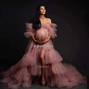 Customized Maternity Prom Dress for Photoshoot Ruffled Tiered Tulle Robe Puffy Pregnant Women Boudoir Lingerie Bridal Nightwear