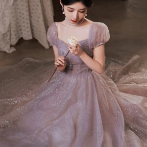 Purple Pink Cocktail Dresses Square Collar Puff Sleeve Glitter Lace-up Corset Empire Tulle Celebrity Evening Prom Gowns 2024