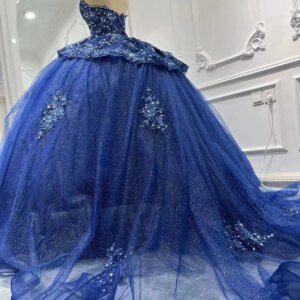 Customized Real Picture Navy Blue Women Birthday Party Dress V Neck Lace Applique Puffy Prom Occasion Wear Sweet 15 Quinceanera
