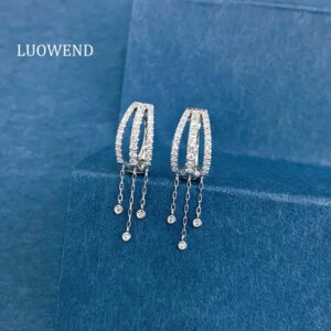 LUOWEND 100% 18K White Gold Earrings Romantic Tassels Shape 0.40carat Real Natural Diamond Hoop Earrings for Women Fine Jewelry