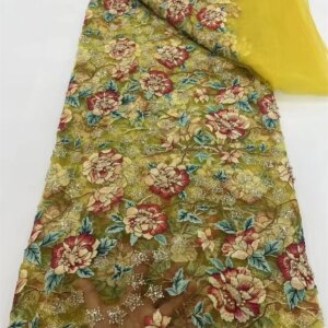 Yellow African Lace Fabric 2025 High Quality Elegant Lace Nigerian Sequins Embroidered French Tulle Beads Lace Fabric for Sewing