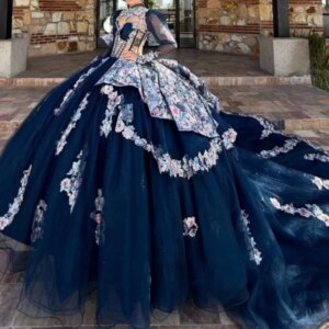 Customized Mexican Navy Blue Women Prom Dresses Birthday Party Gown With Long Sleeve Jacket Sweet 15 16 Girl Quinceanera Dress