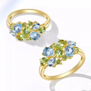 18K gold aquamarine olivine natural gemstone ring for women