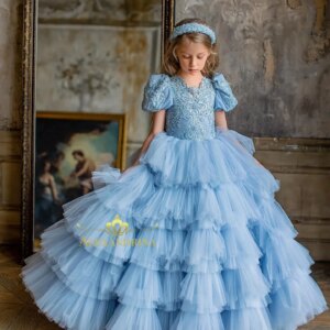 EVLAST Princess Pink Blue Ball Gown Flower Girl Dress For Weddings Tiered Applique Girls Pageant Holy First Communion Gown FD61