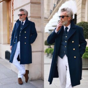 Customized Navy Blue Men’s Coat Wool Blend Double Breasted Metal Buttons Long Coat Regular Fit Winter Groom Formal Business Wear