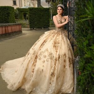 Customized Shiny champagne gold Off Shoulder Quinceanera Dress sequin applique Lace Bow vestidos de 15 Quinceanera