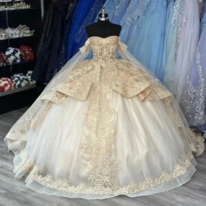 Customized Luxury Champagne Ball Gown Quinceanera Dresses Ruffles Applique Lace Appliques Tull With Cape Vestidos De 15 Anos New