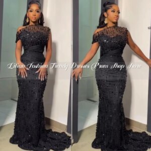 Elegant Black Diamonds Evening Dresses2025 Elegant One Shoulder Sleeve Beaded Applique Black Girls vestido femininos Customised