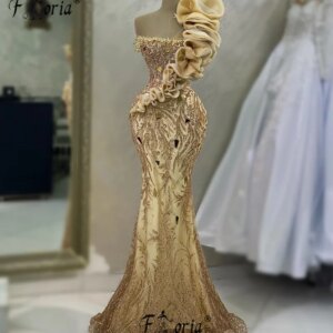 Turkish Women Champagne Mermaid Evening Dresses Ruffled Shoulder Crystal Beads Wedding Special Ceremony Gowns Prom Dress