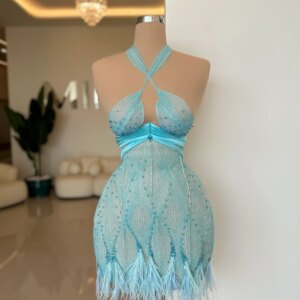 Sky Blue Beaded Crystal Evening Dress For Women Sexy Halter Mini Wedding Party Gown New Customized Feathers Cocktail Dresses