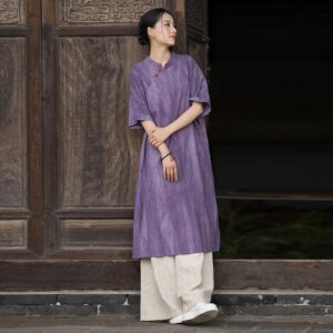Summer Women’s Improved Cheongsam Dress Handmade Tie-Dyed Loose Fit Tea Clothes Chinese Style Stand-up Collar Slanting