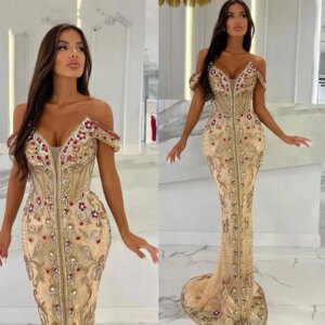 Luxury Evening Dresses Sweetheart Floor Length Mermaid Rhinestones Off the Shoulder Sleeves High-end Women Prom Banquet Gowns