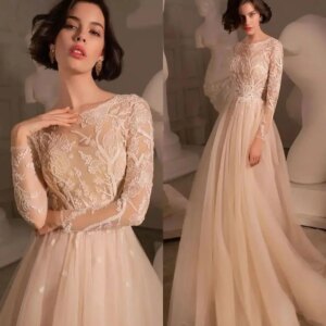 Customized Exquisite Organza A-Line Evening Dresses Long Sleeves Crew Neck Panel Train Special Occasion Gowns Temperam