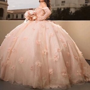 Customized Elegant 15th Girl Quinceanera Dress Long Sleeve 3D Floral Ballgown Dance Prom Occasion Wear Vestido De xv Anos Party