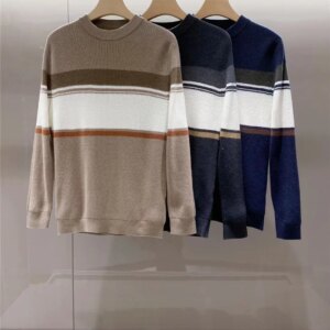 Winter men’s classic striped color blocked loose round neck wool sweater, warm knit sweater