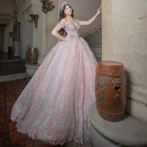 Customized Shiny Pink Off Shoulder Quinceanera Dress Lace sequin crystal Tull trailing vestidos de 15 Quinceanera