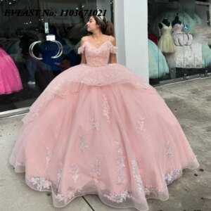 EVLAST Customized Pink Quinceanera Dress Ball Gown 3D Floral Applique Beading Corset Sweet 16 Vestidos De XV 15 Anos SQ160