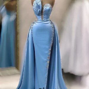 Elegant Blue Satin Mermaid Formal Party Dresses with Overskirt Beaded Backless Side Slit Evening Gowns Custom Made Plus Size