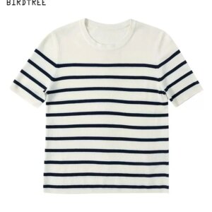 BirdTree, 30%Natural Silk 70%Wool Elegant Sweater, Women Short Sleeve Striped, French Commute Tops, 2024 Summer Fall T47191QC