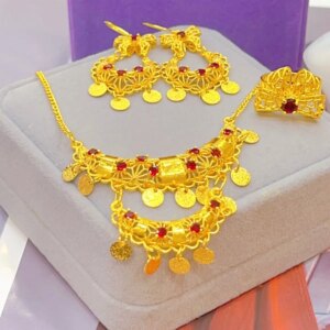 New Dubai 24K Gold Plated Ring Necklace Earrings Romantic Wedding Gift Party Jewelry Set for Women DD10578