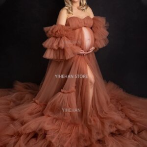 Customized Maternity Dress for Photoshoot Off The Shoulder Tiered Skirts Ruffled Boudoir Lingerie Tulle Bathrobe Nightwear Robe